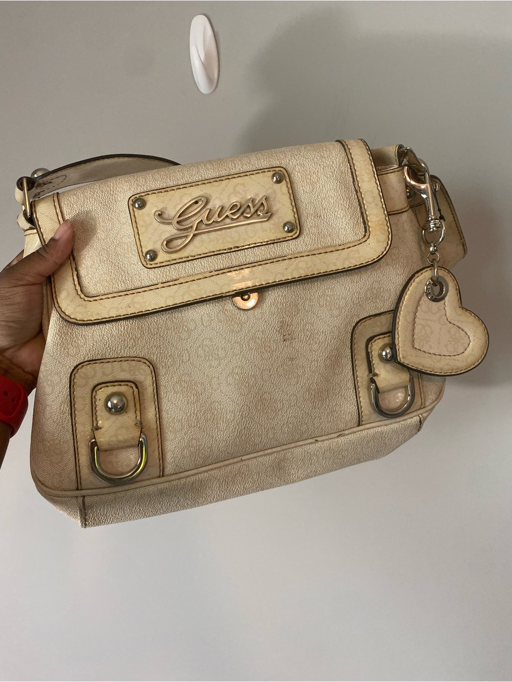 Guess Cream Shoulder Bag with Heart Charm Accent